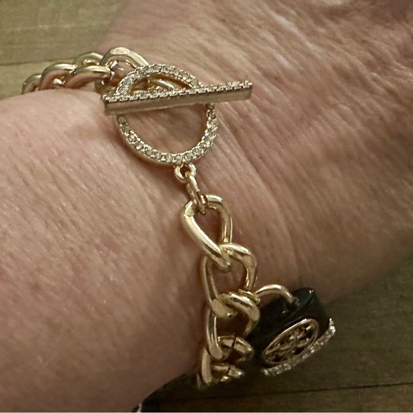 Guess Black Resin Crystal Lock Chunky Link Charm Bracelet Toggle Lock 9” - Picture 5 of 8